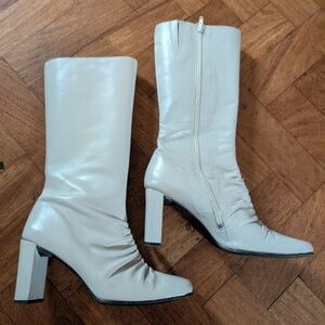 Ivory Mid-Calf Block Heel Boots with Side Zip